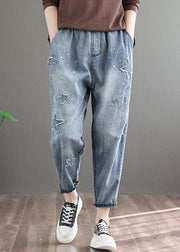 Natural Blue Embroideried Pockets Patchwork Denim Pants Summer