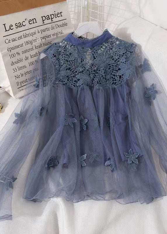 Natural Blue Hollow Out Embroideried Patchwork Tulle Two Piece Set Spring