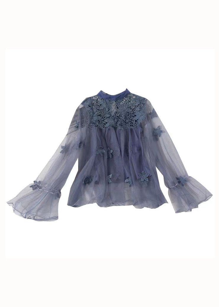 Natural Blue Hollow Out Embroideried Patchwork Tulle Two Piece Set Spring