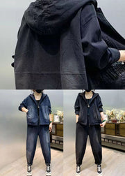 Natural Blue Hooded Patchwork Denim Two Pieces Set Fall