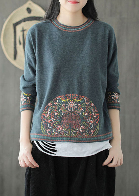 Natural Blue O Neck Patchwork Jacquard Knit Tops Spring