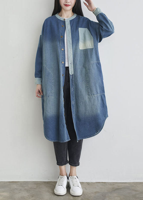 Natural Blue O Neck Pockets Patchwork Denim Outwear Spring