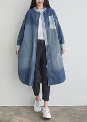 Natural Blue O Neck Pockets Patchwork Denim Outwear Spring