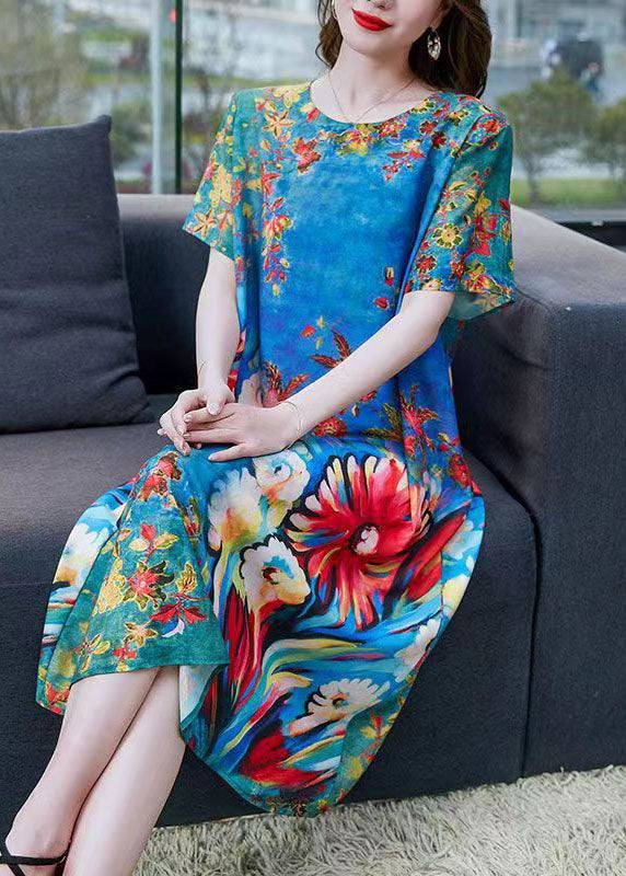 Natural Blue O Neck Print Patchwork Chiffon Dress Summer