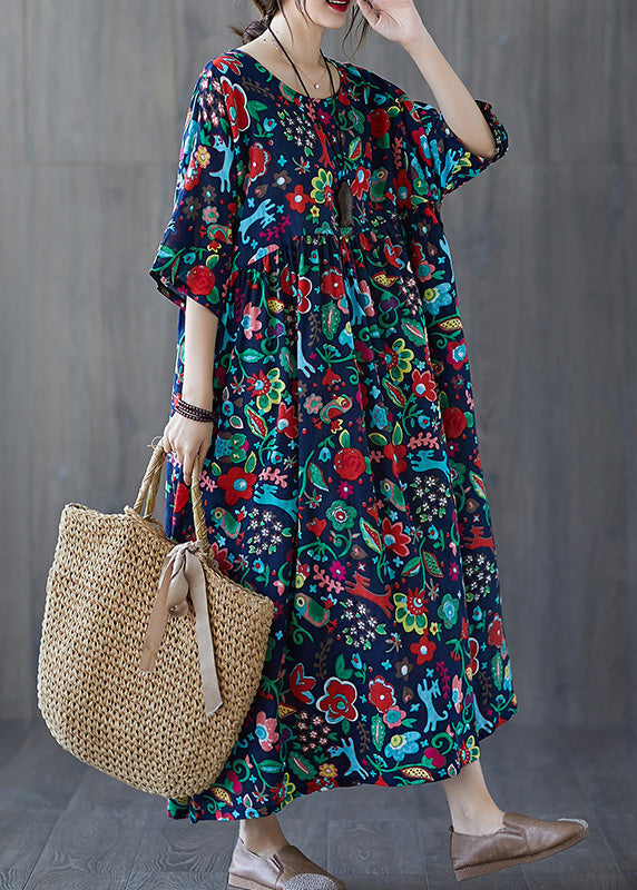 Natural Blue O-Neck Print Wrinkled Cotton Long Dresses Summer