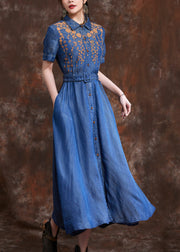 Natural Blue Peter Pan Collar Embroidered Slim Long Denim Dress Summer