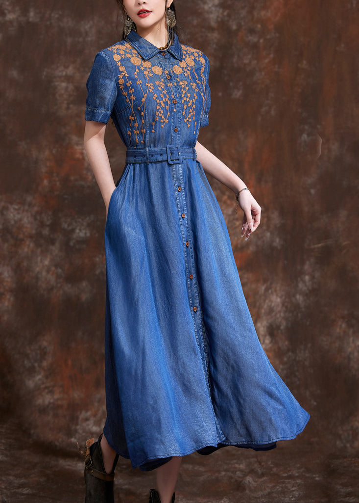 Natural Blue Peter Pan Collar Embroidered Slim Long Denim Dress Summer