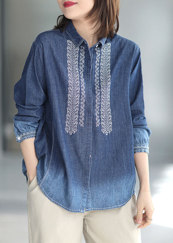 Natural Blue Peter Pan Collar Embroideried Patchwork Denim Shirt Long Sleeve