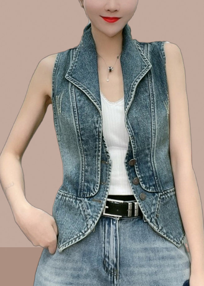 Natural Blue Peter Pan Collar Patchwork Denim Vest Sleeveless