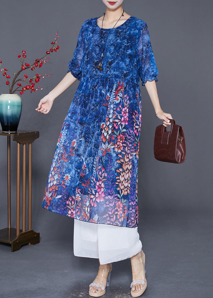 Natural Blue Print Draping Chiffon Beach Dresses Summer