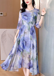 Natural Blue Print Exra Large Hem Silk Maxi Dresses Bracelet Sleeve