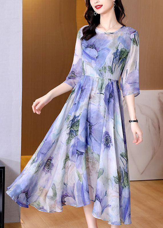 Natural Blue Print Exra Large Hem Silk Maxi Dresses Bracelet Sleeve