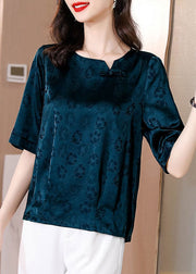 Natural Blue Print Patchwork Oriental Button Silk Tops Summer