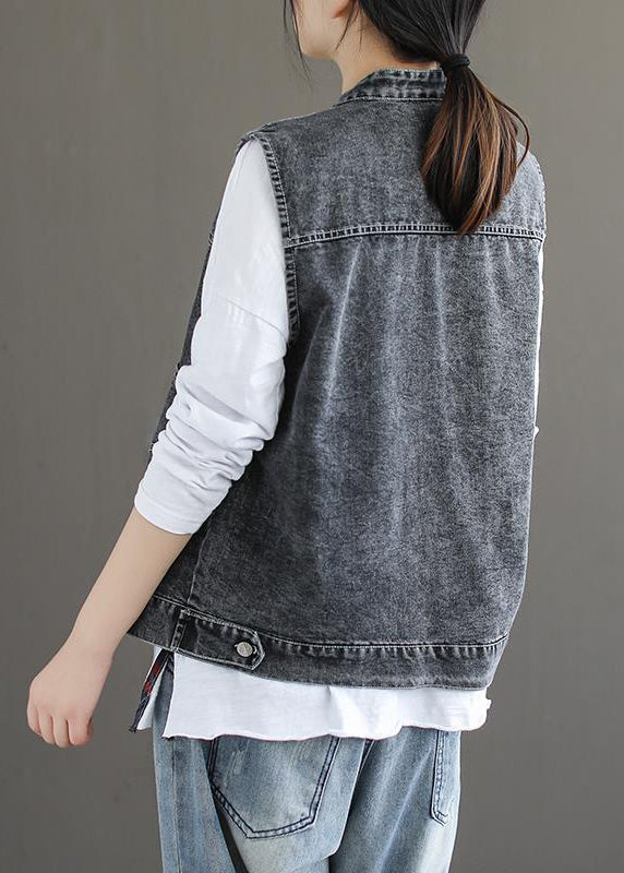 Natural Blue Stand Collar Pockets Patchwork Denim Waistcoat Sleeveless