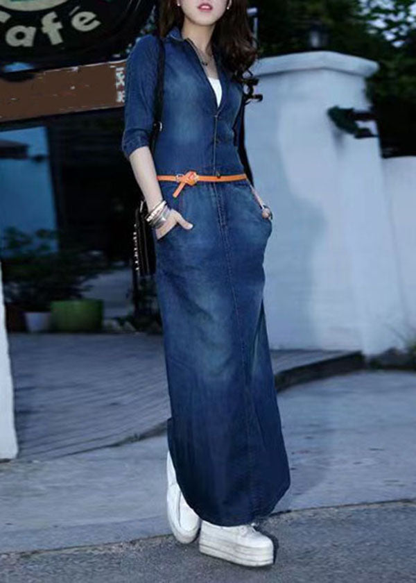 Natural Blue V Neck Button Pockets Patchwork Denim Long Dress Fall