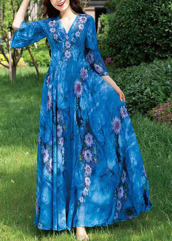 Natural Blue V Neck Print Chiffon Long Holiday Dress Long Sleeve