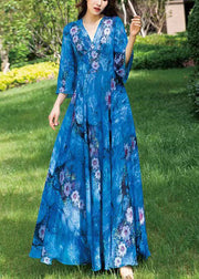 Natural Blue V Neck Print Chiffon Long Holiday Dress Long Sleeve