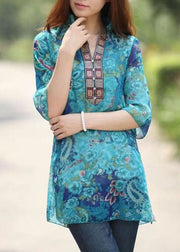 Natural Blue V Neck Print Patchwork Chiffon Top Summer