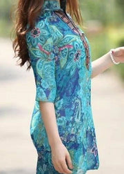 Natural Blue V Neck Print Patchwork Chiffon Top Summer