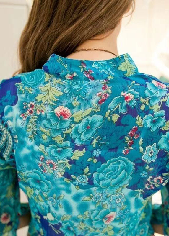 Natural Blue V Neck Print Patchwork Chiffon Top Summer