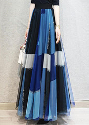 Natural Blue Wrinkled Patchwork Tulle Skirts Spring