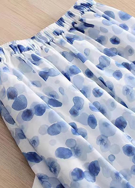 Natural Blue Wrinkled Print Elastic Waist Chiffon Skirt Spring