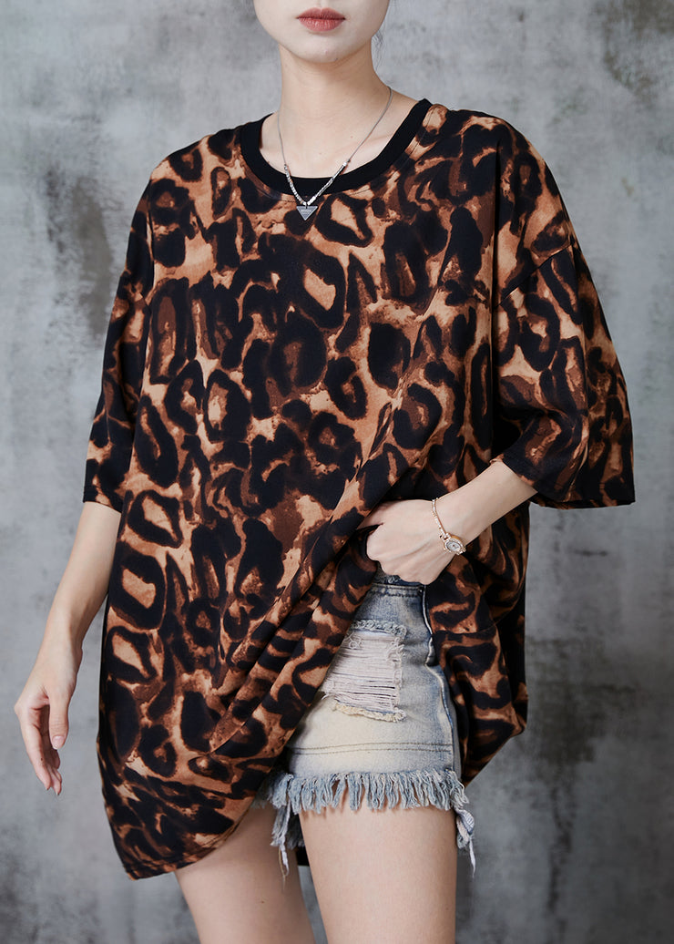 Natural Brown Oversized Leopard Print Cotton Tops Summer