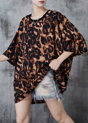 Natural Brown Oversized Leopard Print Cotton Tops Summer