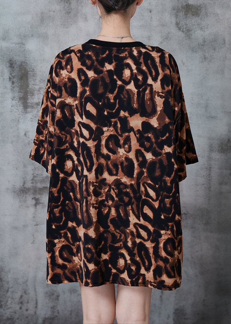 Natural Brown Oversized Leopard Print Cotton Tops Summer