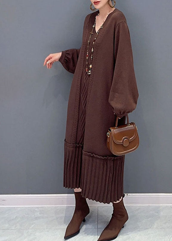 Natural Brown V Neck Patchwork Knit Maxi Sweater Dress Fall