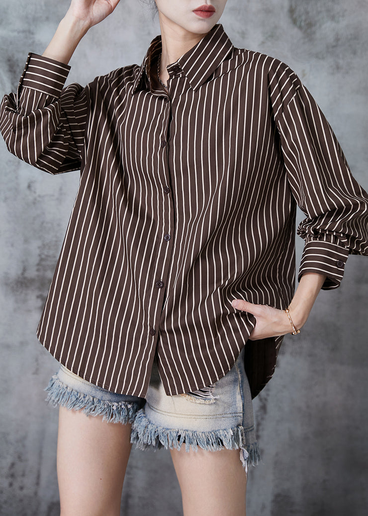 Natural Chocolate Oversized Striped Cotton Blouses Fall