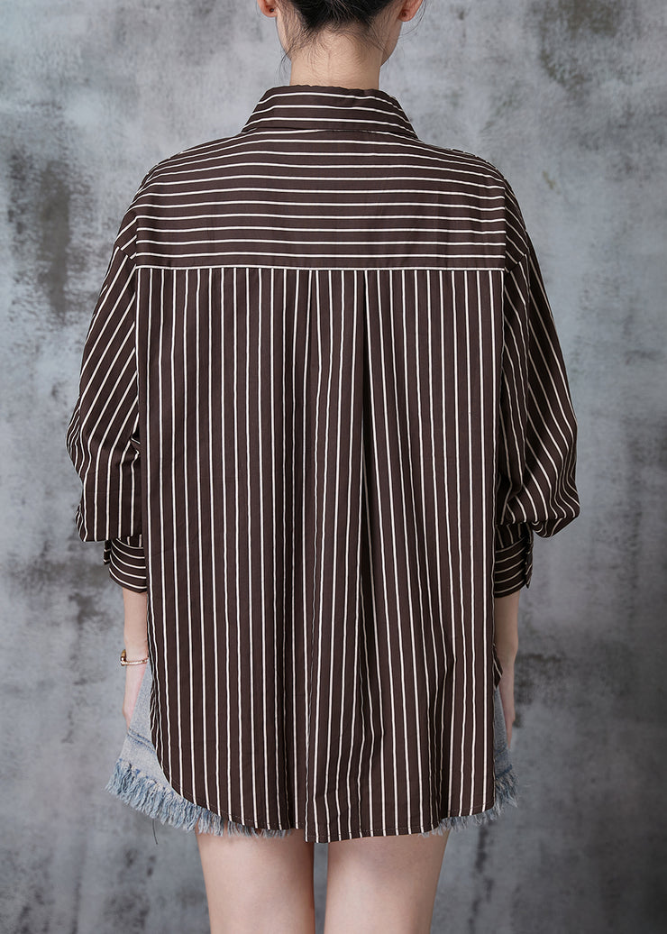 Natural Chocolate Oversized Striped Cotton Blouses Fall