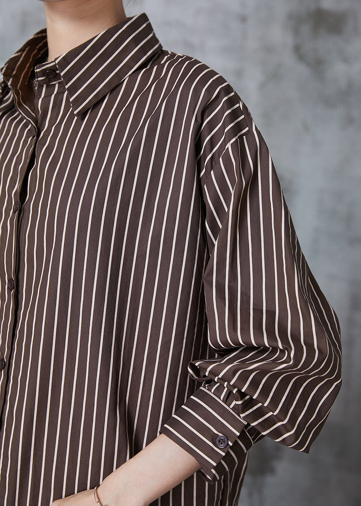 Natural Chocolate Oversized Striped Cotton Blouses Fall