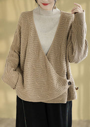 Natural Cocoa V Neck Cozy Knitted Cotton Sweaters Fall