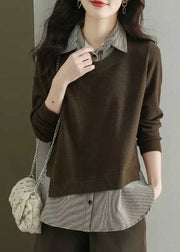 Natural Coffee Peter Pan Collar Patchwork Fake Two Pieces Wool Knit Shirt Fal