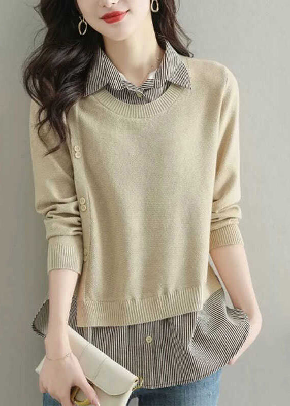 Natural Coffee Peter Pan Collar Patchwork Fake Two Pieces Wool Knit Shirt Fal