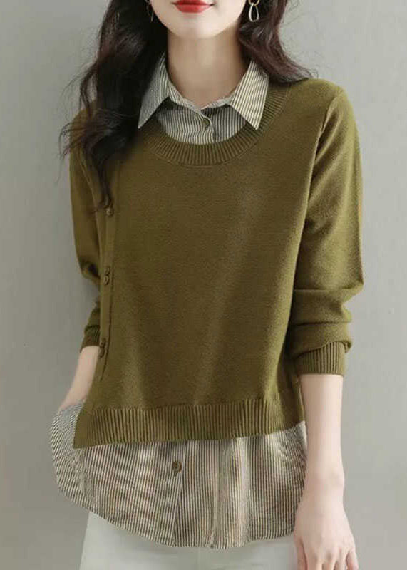 Natural Coffee Peter Pan Collar Patchwork Fake Two Pieces Wool Knit Shirt Fal