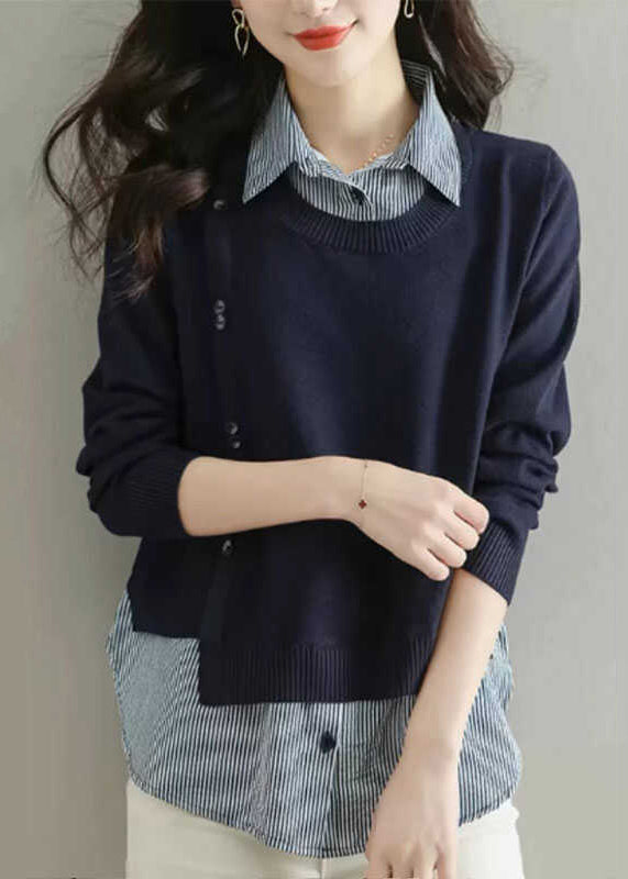 Natural Coffee Peter Pan Collar Patchwork Fake Two Pieces Wool Knit Shirt Fal