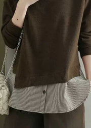 Natural Coffee Peter Pan Collar Patchwork Fake Two Pieces Wool Knit Shirt Fal