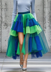 Natural Colorblock Asymmetrical Patchwork Tulle Skirt Summer