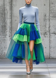 Natural Colorblock Asymmetrical Patchwork Tulle Skirt Summer