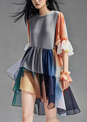 Natural Colorblock O Neck Ruffled Patchwork Chiffon Dress Summer