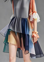 Natural Colorblock O Neck Ruffled Patchwork Chiffon Dress Summer