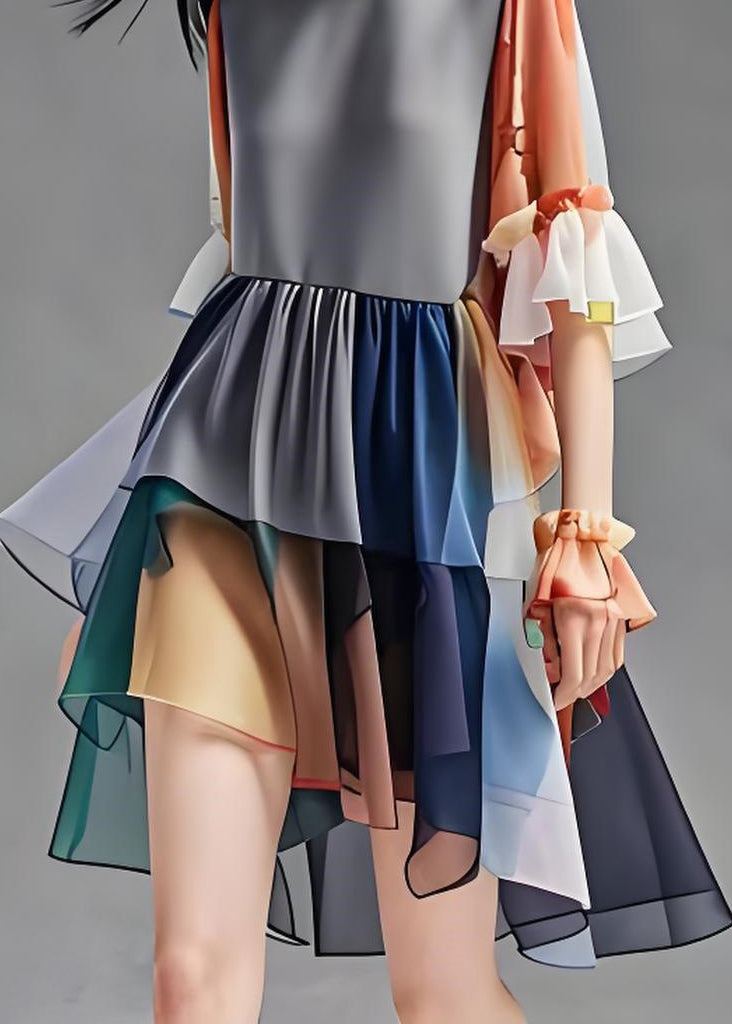 Natural Colorblock O Neck Ruffled Patchwork Chiffon Dress Summer