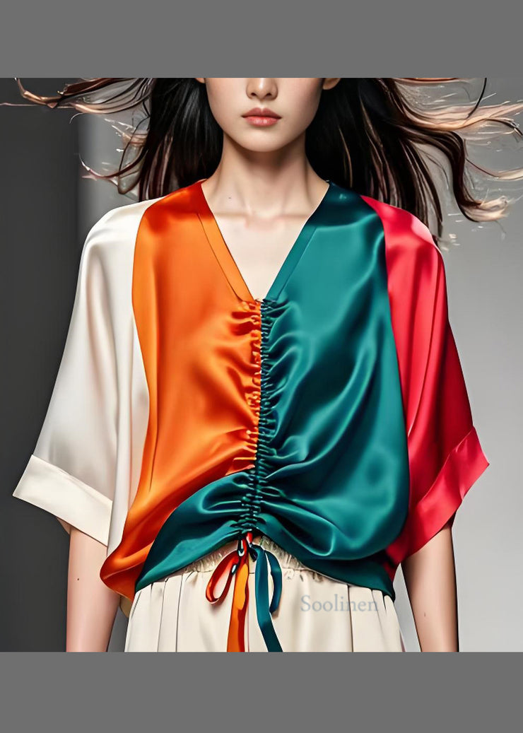 Natural Colorblock V Neck Drawstring Patchwork Silk Tops Summer