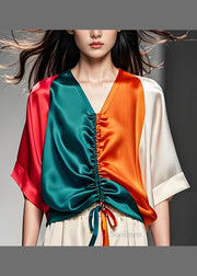 Natural Colorblock V Neck Drawstring Patchwork Silk Tops Summer