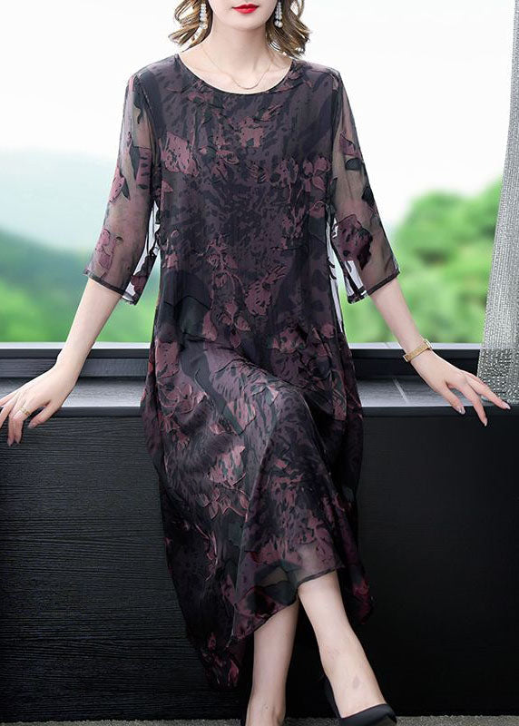 Natural Dark Purple O Neck Print Patchwork Silk Dress Summer