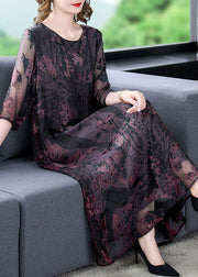 Natural Dark Purple O Neck Print Patchwork Silk Dress Summer