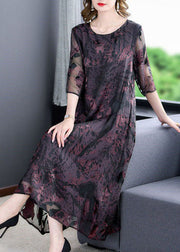 Natural Dark Purple O Neck Print Patchwork Silk Dress Summer