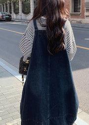 Natural Denim Blue Slash Neck Patchwork Long Spaghetti Strap Dress Sleeveless